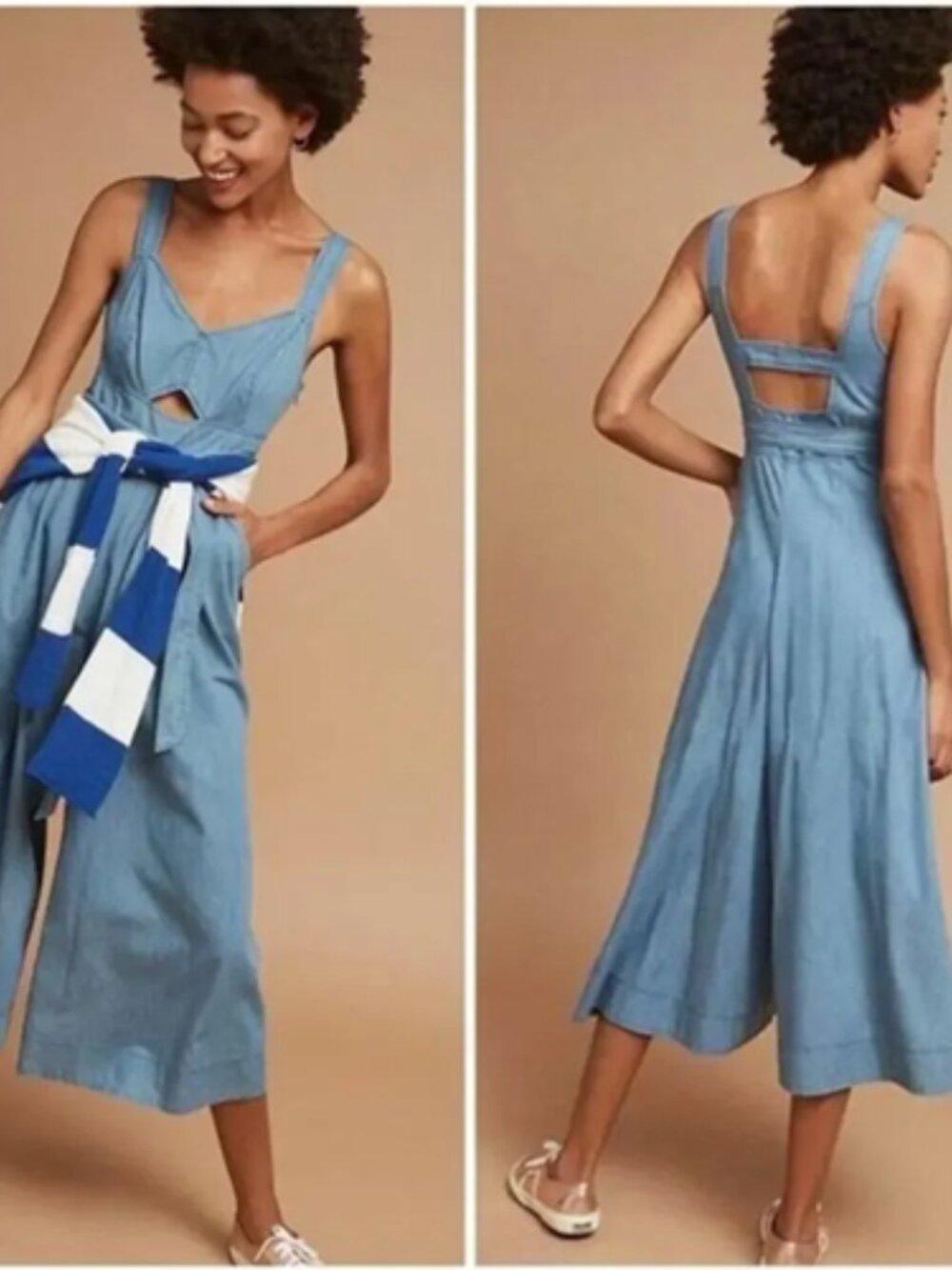 Anthropologie Holding Horses Chambray Cutout Wide Leg Jumpsuit Belted Size 4